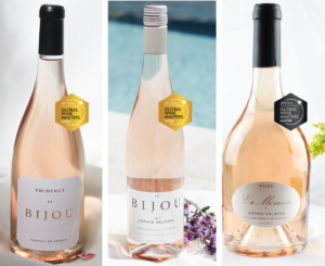 Collage of three wines with the medals attached. Left: Eminence de Bijou, (gold). Middle: Bijou De Sophie Valrose (gold). Right: En Memoire, (master). 